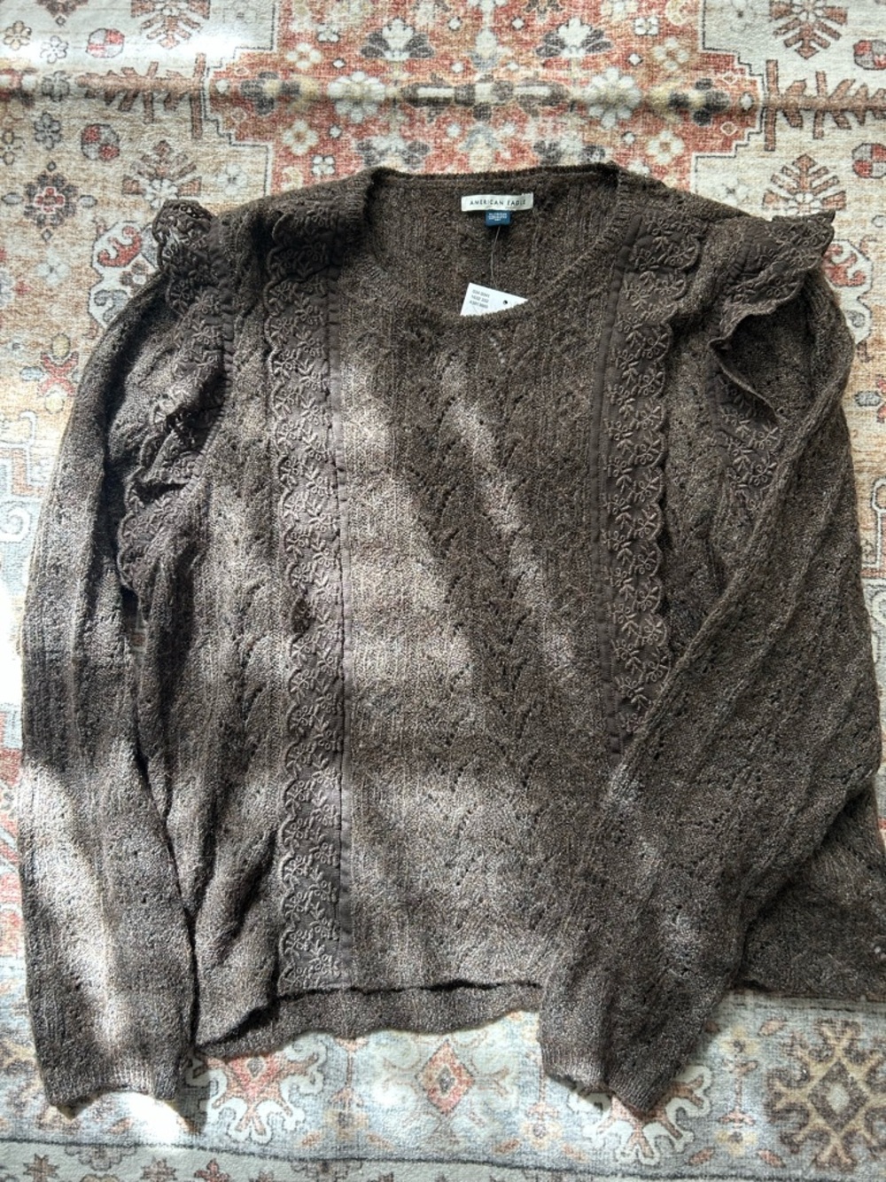 American Eagle Outfitters Chocolate Brown V-Neck Ruffle Shoulder Sweater